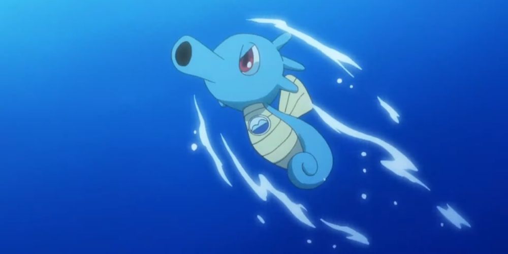 Horsea swimming in the Pokémon anime