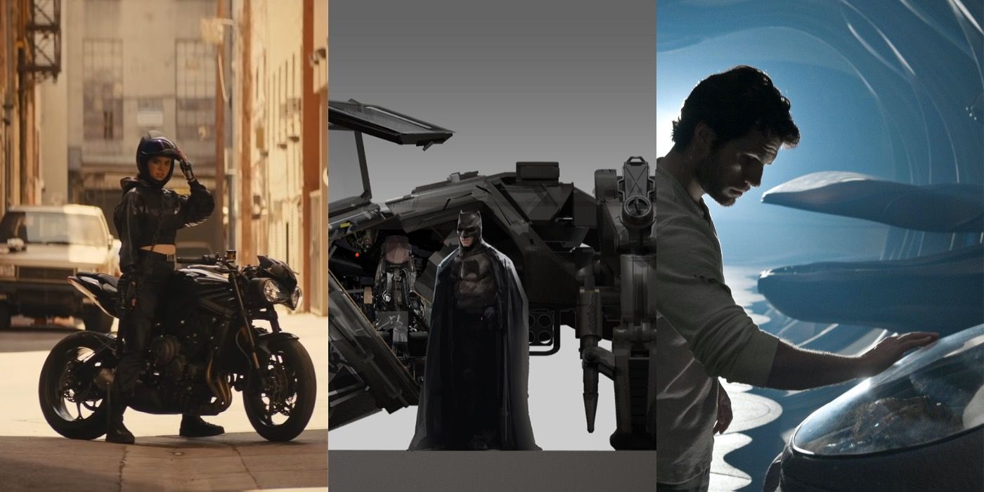 Huntress on Her Motorcycle, Batman In Front Of the Knightcrawler, And Clark Touching A Pod In the Fortress of Solitude From the DCEU
