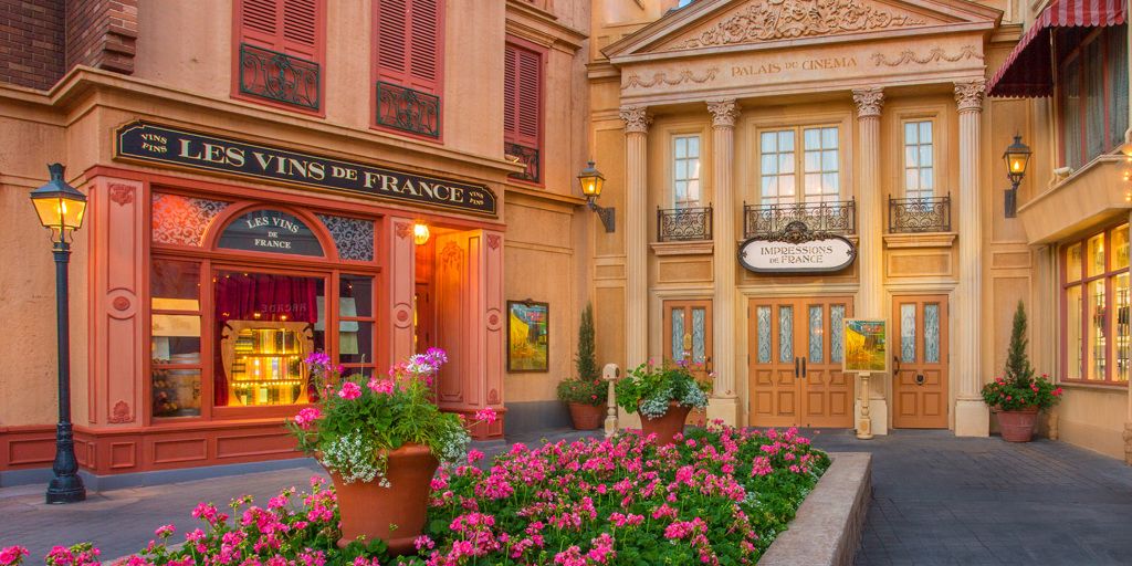 Flowers line the French pavilion in Epcot