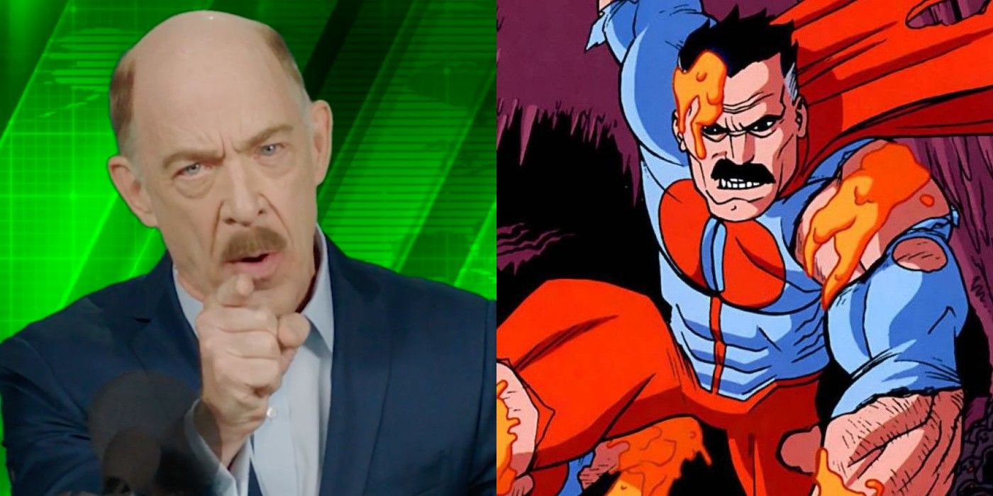 A split screen image of J.K. Simmons and Omni-Man in Invincible.