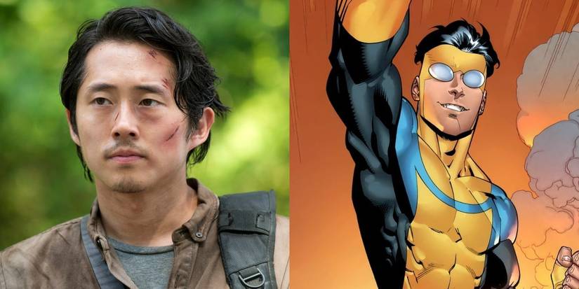 A split screen image of Steven Yeun and Mark in Invincible.