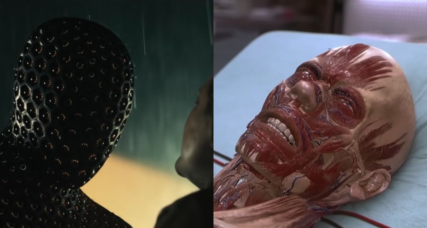 Invisible man face to face with Cecilia; Caine's organs and muscles are exposed mid-transformation