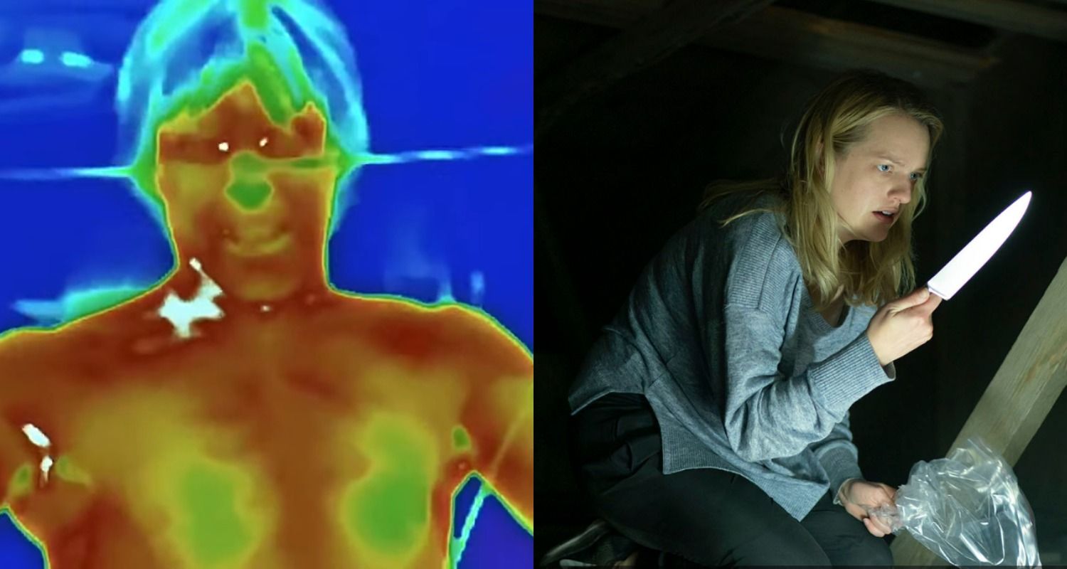 Side-by-side: a thermal image of the titular Hollow Man and Cecilia holding a knife in the attic