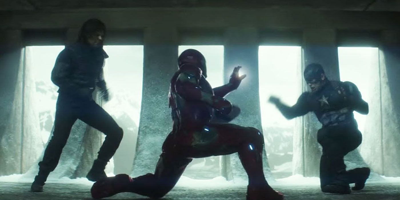 Iron Man battles Captain America and Winter Soldier.