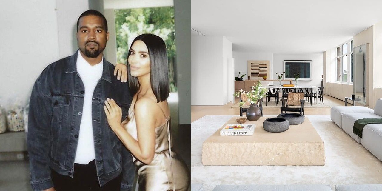 A split image of Kim and Kanye on left and their New York apartment on the right.