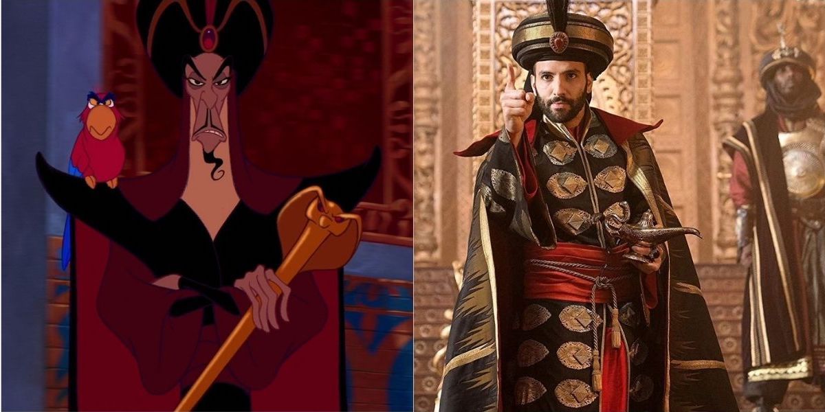 Animated Jafar scowling at Sultan and Live-action Jafar holding the lamp.