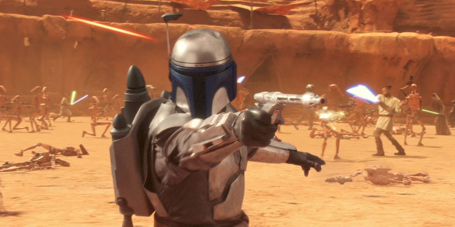 Jango Fett aims his blaster as Jedi fight behind him in Star Wars Attack of the Clones