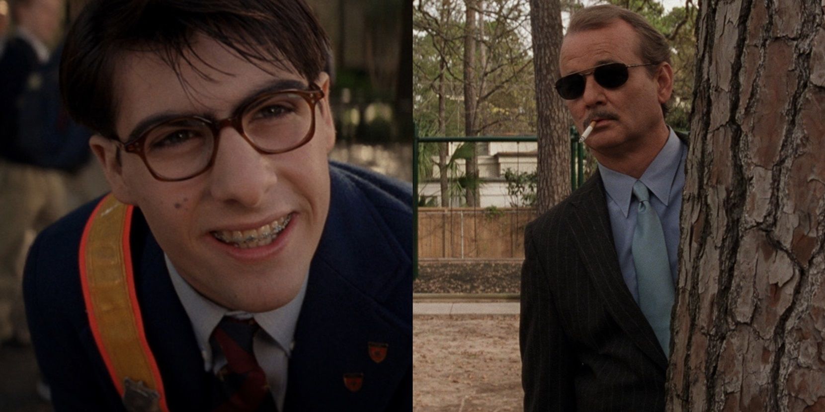 A split image depicts Jason Schwartzman and Bill Murray in their Rushmore roles