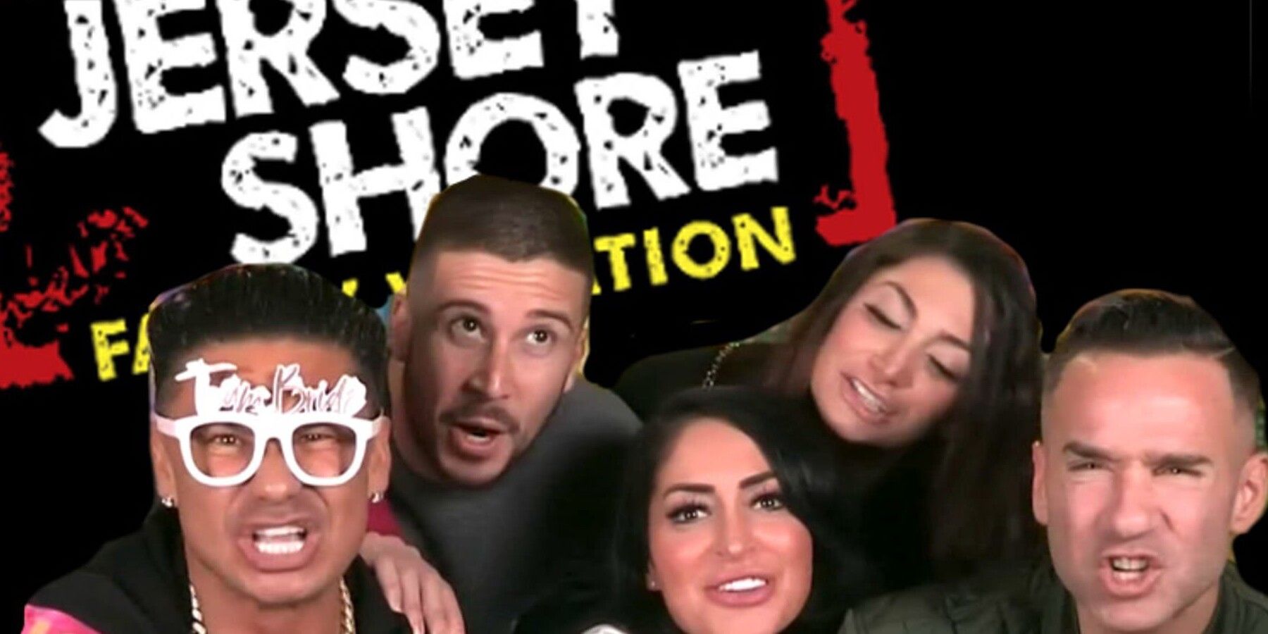 The cast of Jersey Shore: Famiy Vacation on a backdrop greenscreen with the show's logo 