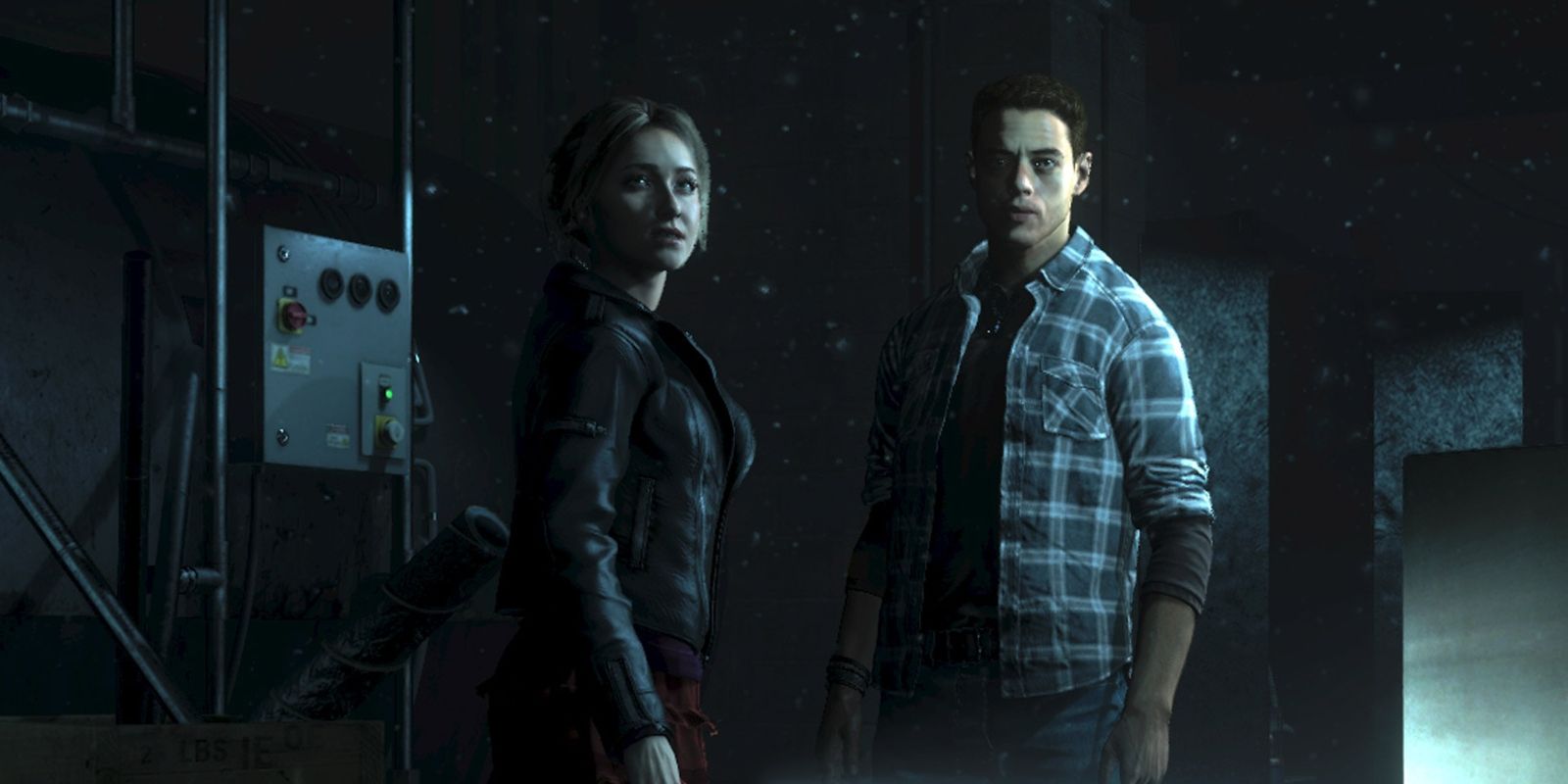 Jessica and Josh look over their shoulders while investigating a strange room in Until Dawn