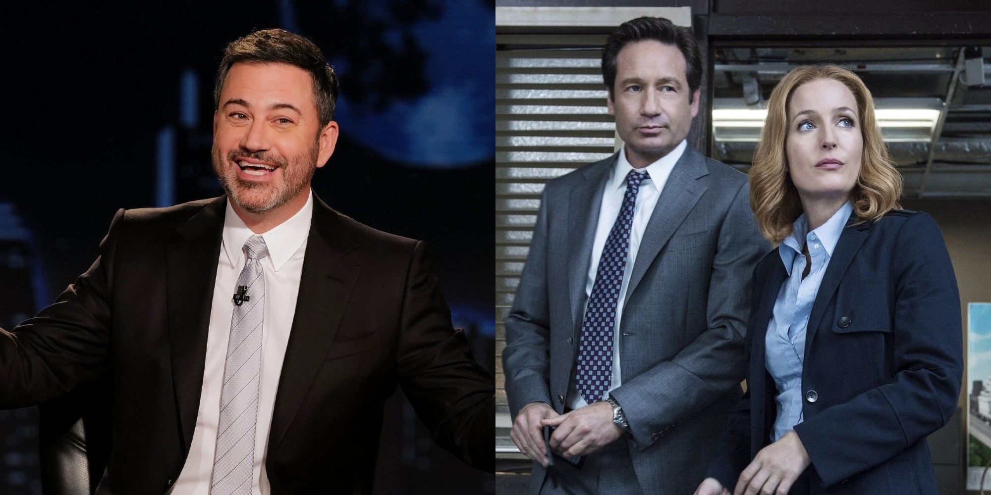 Jimmy Kimmel in Jimmy Kimmel Live; David Duchovny and Gillian Anderson in The X-Files