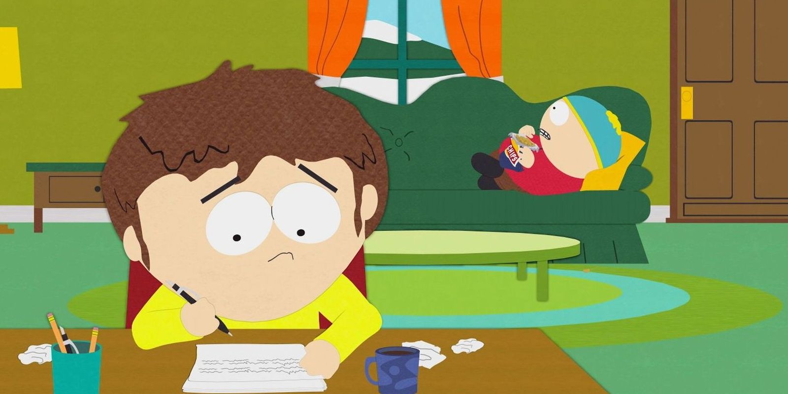 Jimmy making the fish sticks joke with Cartman on South Park.