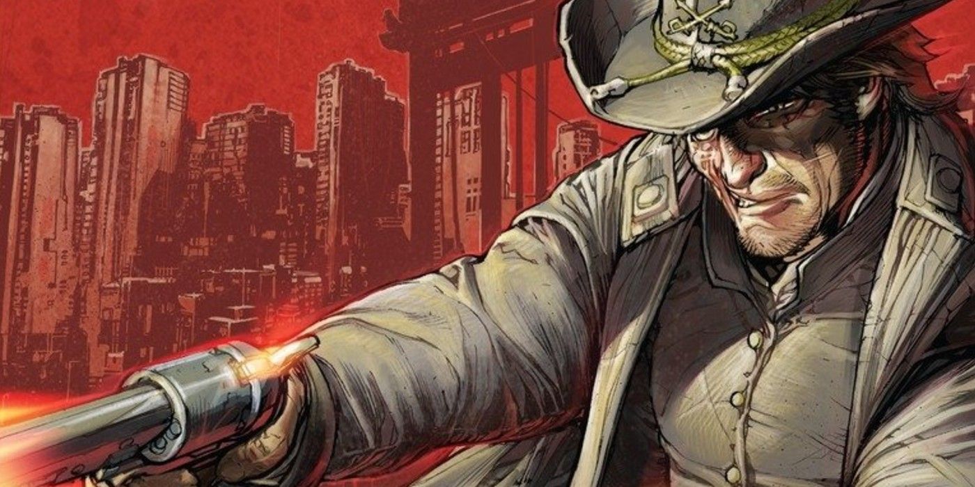 Jonah Hex shooting his guns with the backdrop of Gotham in DC's All Star Western