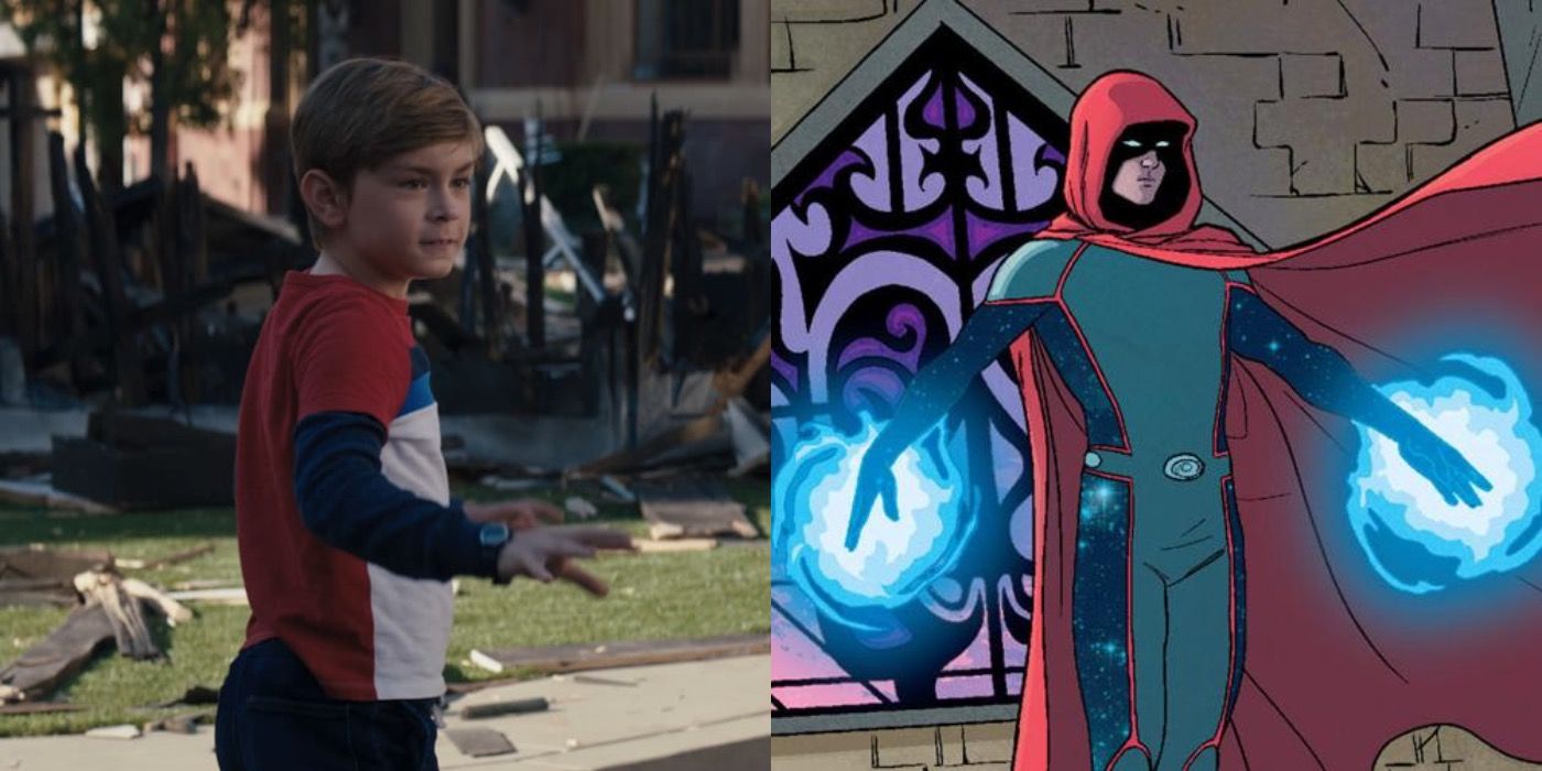 A split image features Julian Hilliard as Billy Maximoff in WandaVision and Wiccan in Marvel Comics