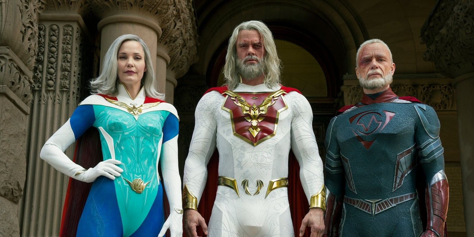 A trio of heroes in their full costumes in Jupiter's Legacy