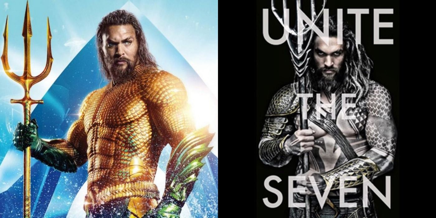 Left picture is King Aquaman from the end of his movie, right picture is the Batman V Superman Aquaman teaser poster showing a shirtless Aquaman with Unite The Seven written across it