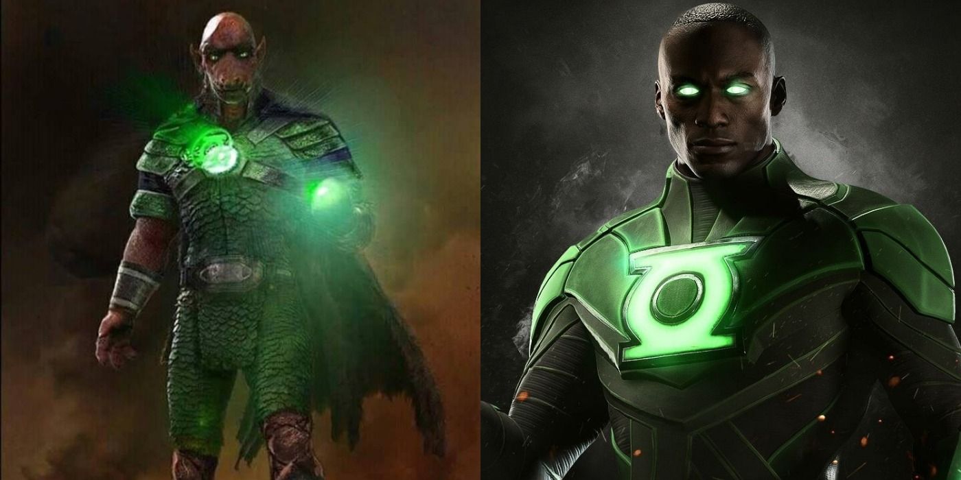 Left image is art of the alien Green Lantern who appeared in Justice League, right is John Stewart Green Lantern from the Injustice 2 videogame
