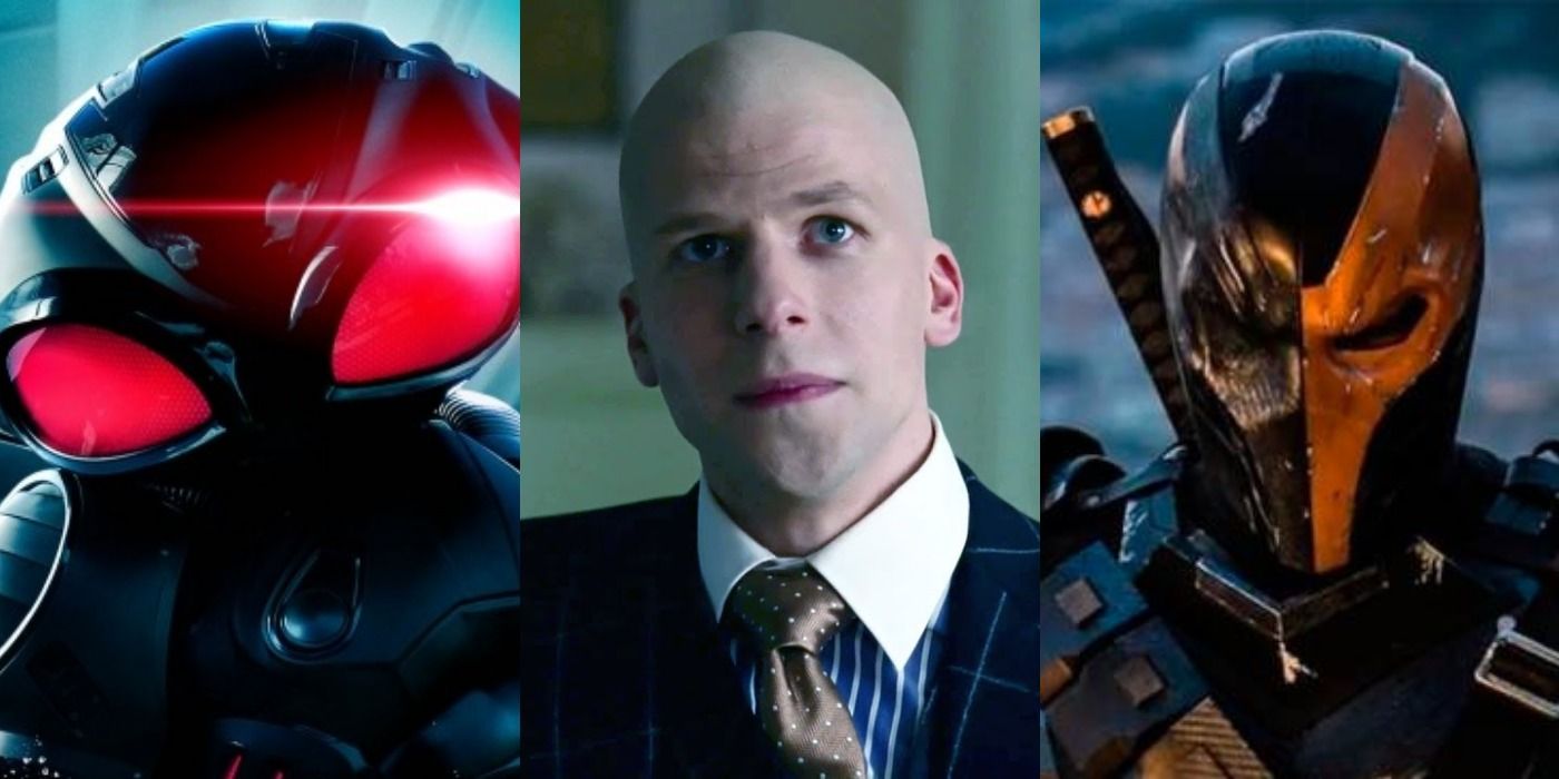 Three images of supposed Legion of Doom members - Black Manta from Aquaman, Lex Luthor, and Deathstroke from the end of Justice League
