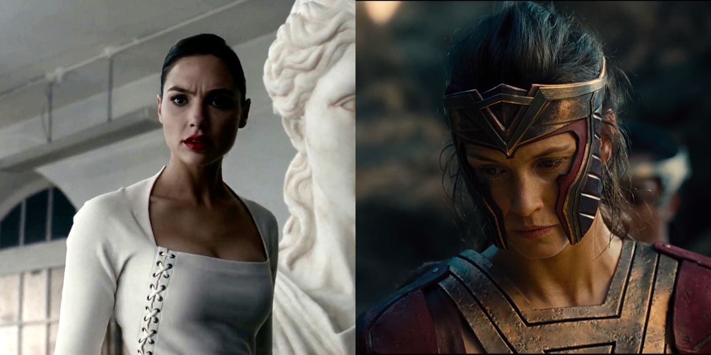 Left picture is Diana Prince in a white outfit from Justice League seeing the news about the Shrine of the Amazons, right image is the Amazon Menalippe from Wonder Woman