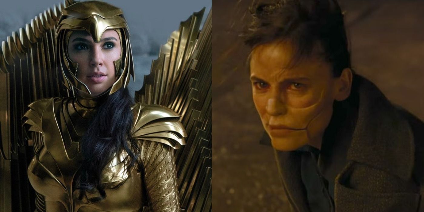 Left picture is Wonder Woman in her golden armor looking concerned, right picture is an angry Dr Poison from the end of Wonder Woman