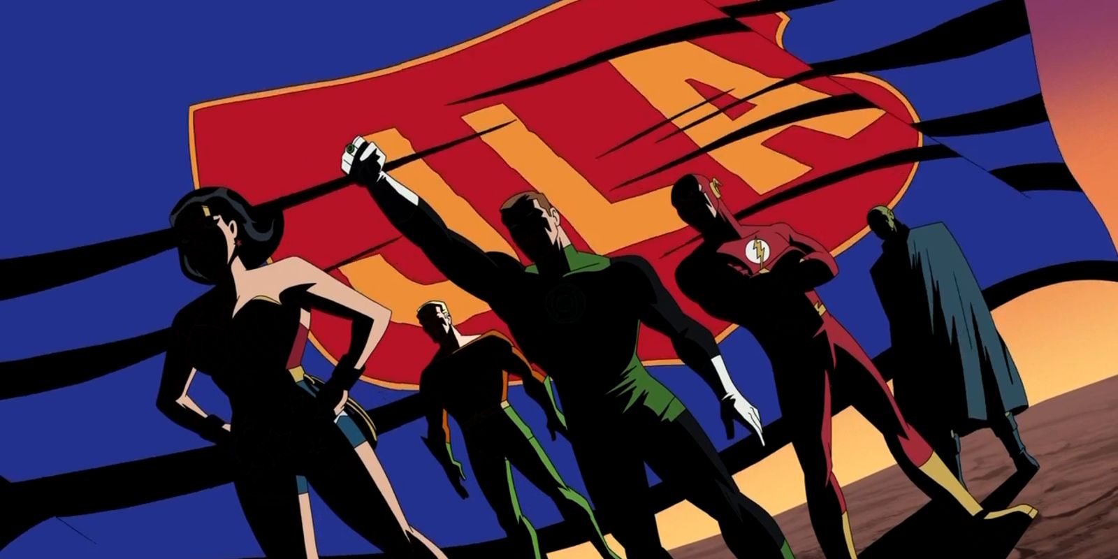 Justice League United In Front Of Banner - Justice League The New Frontier