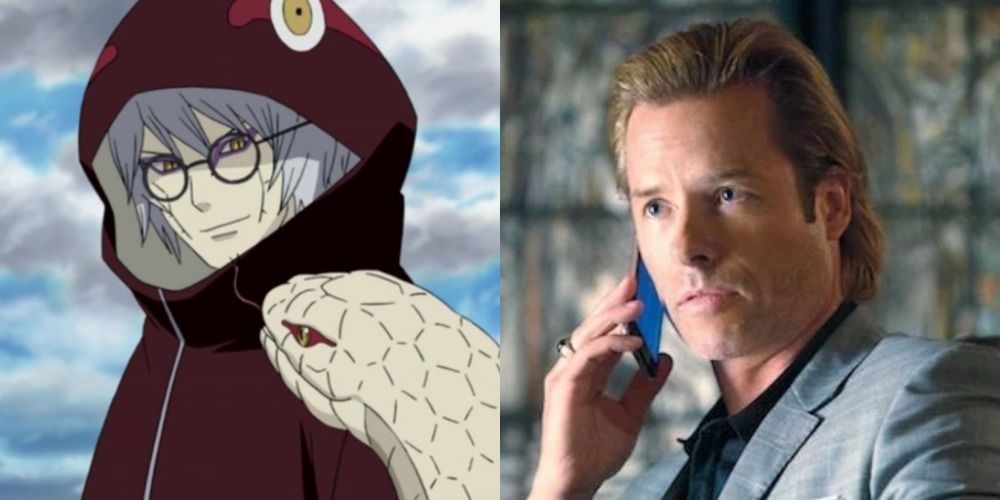 Kabuto communicates with a snake after his transformation in Naruto Shippuden while Aldrich Killian takes a phone call in Iron Man 3