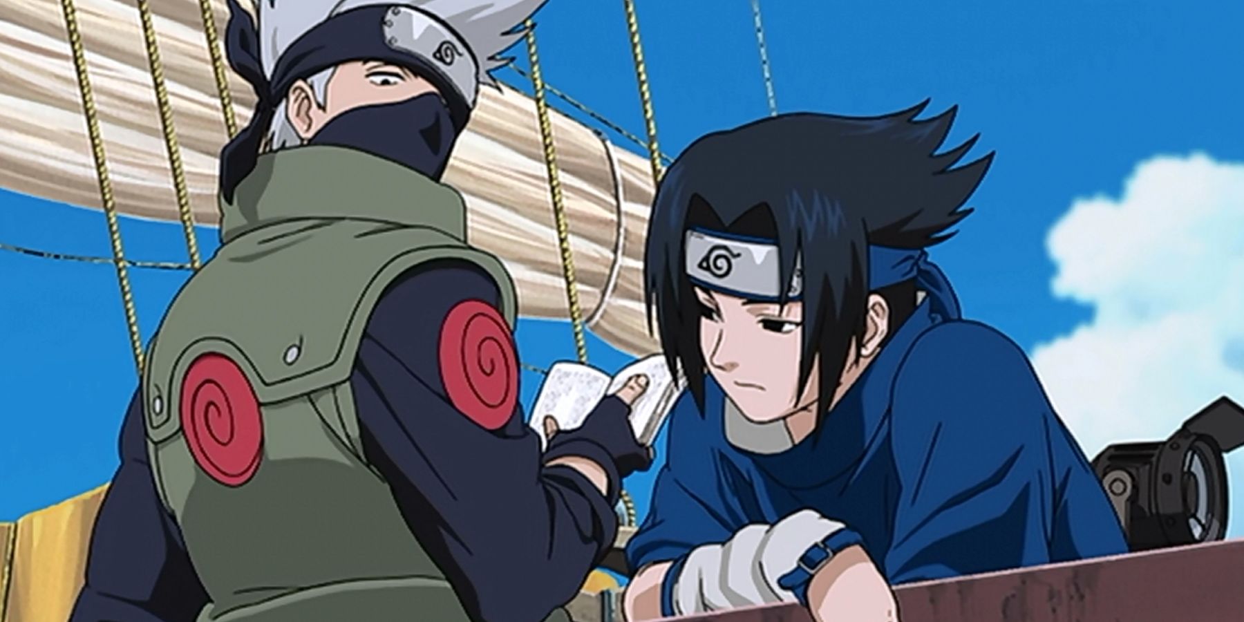 Kakashi holds a book while standing next to Sasuke on a boat in Naruto