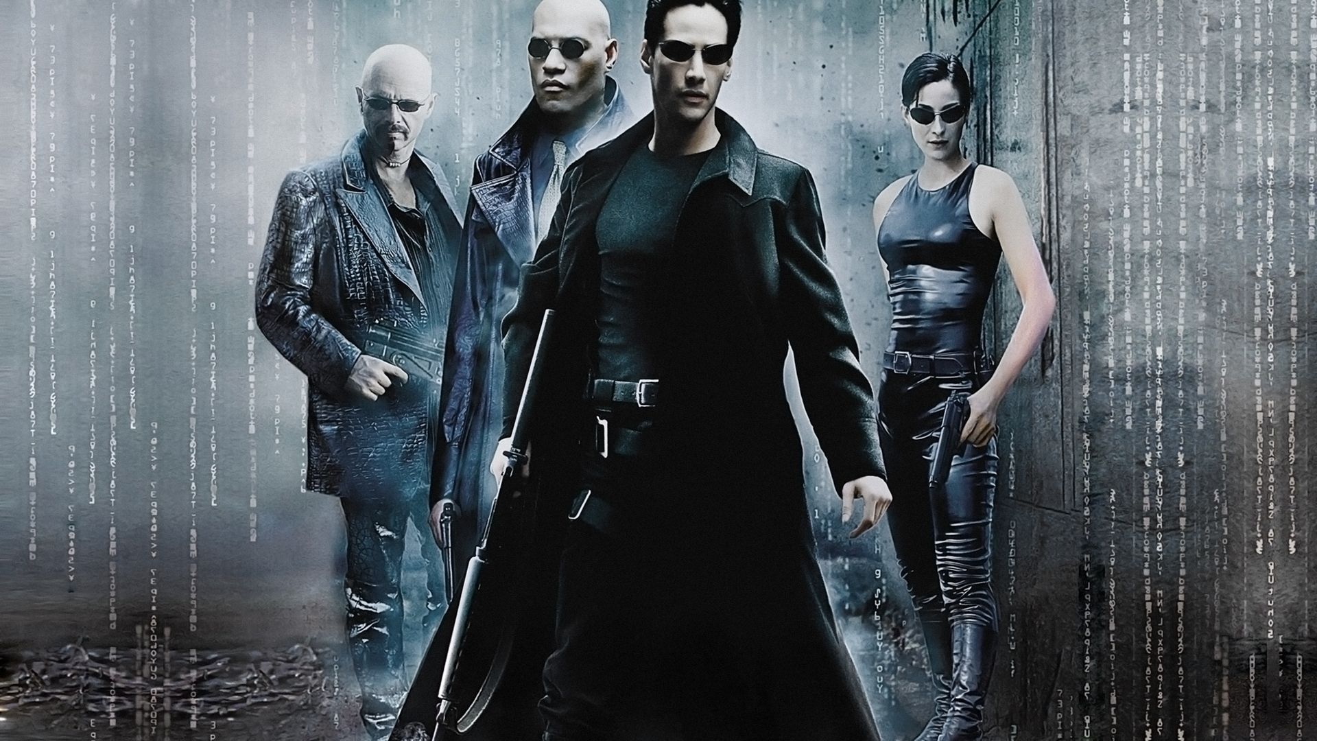 Keanu Reeves, Carrie-Anne Moss, Laurence Fishburne, and Joe Pantoliano in The Matrix