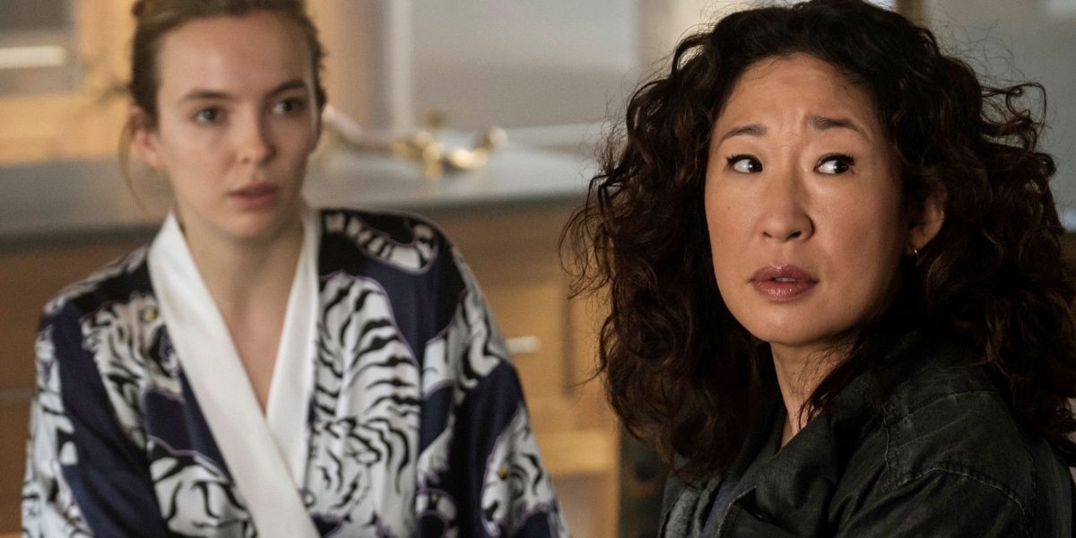 Villanelle wearing a robe talking to Eve in Killing Eve