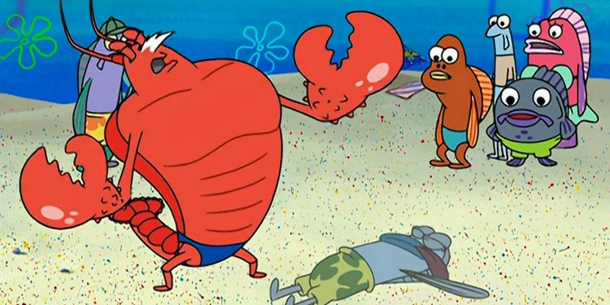 Larry the Lobster trying to revive a drowned swimmer in Sponge Guard on Duty