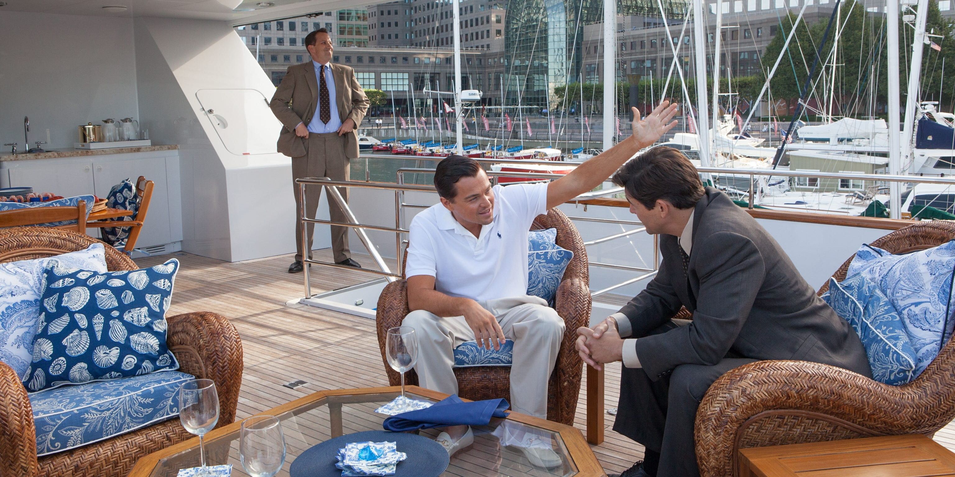 Jordan Belfort tries to bribe FBI agents on his yacht in The Wolf of Wall Street
