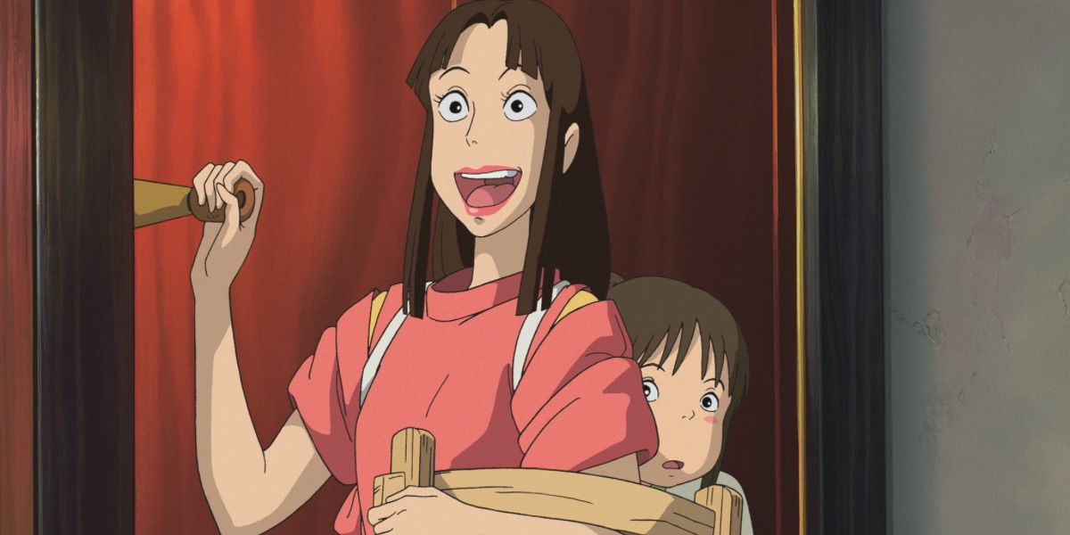 Lin from Spirited Away with Chihiro hiding behind her.