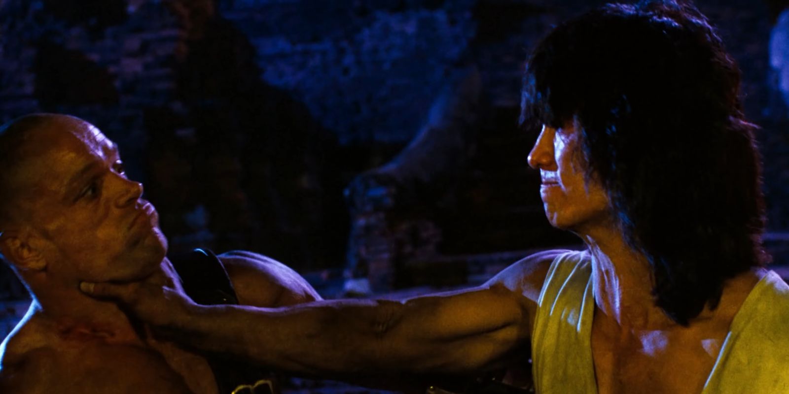 Liu Kang Strangling Shao Kahn in Mortal Kombat Annihilation