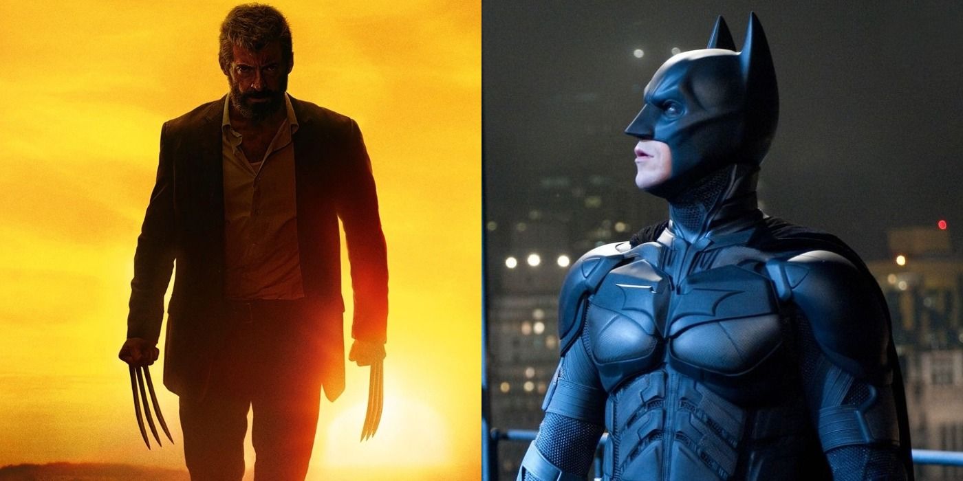 Wolverine against the sunset in Logan and Batman looking into the distance in The Dark Knight side by side
