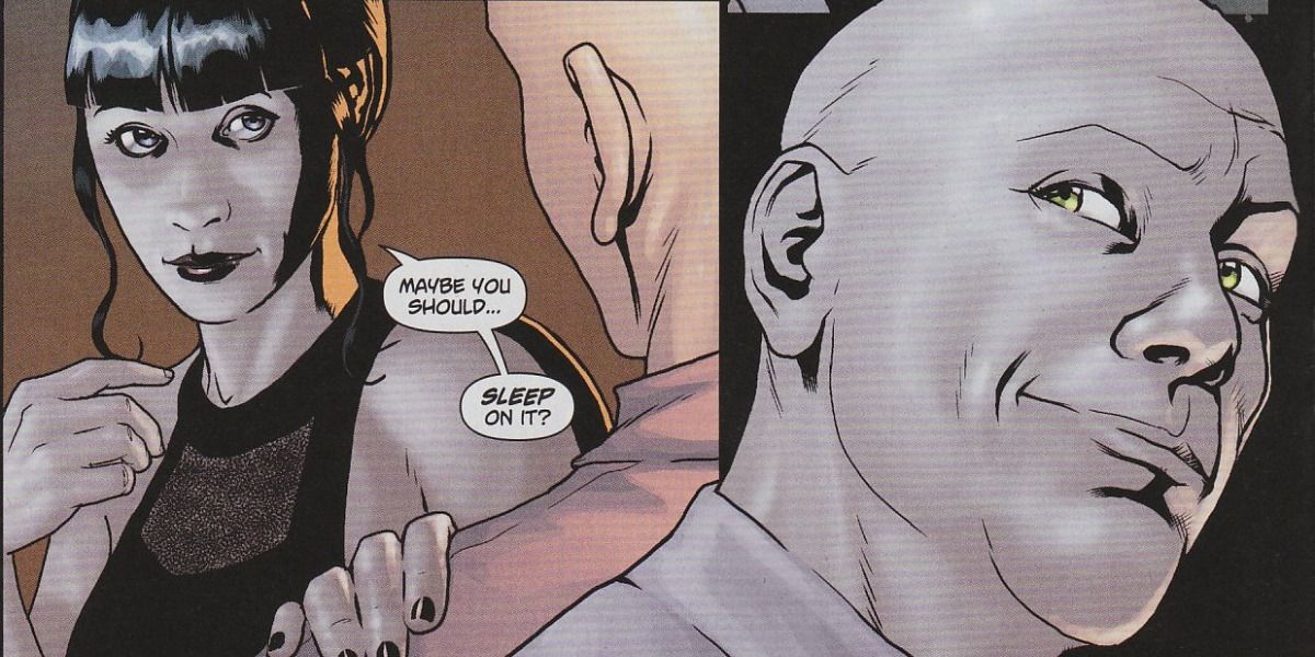 A creepy looking Lois Lane robot flirts with Lex Luthor.