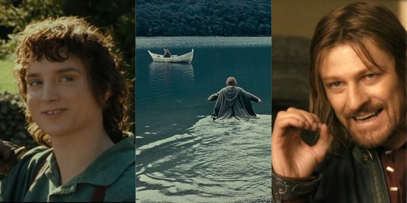 A collage of Frodo smiling, sam wading into the water, and Boromir with his hand up in The Lord of the Rings: The Fellowship of the Ring