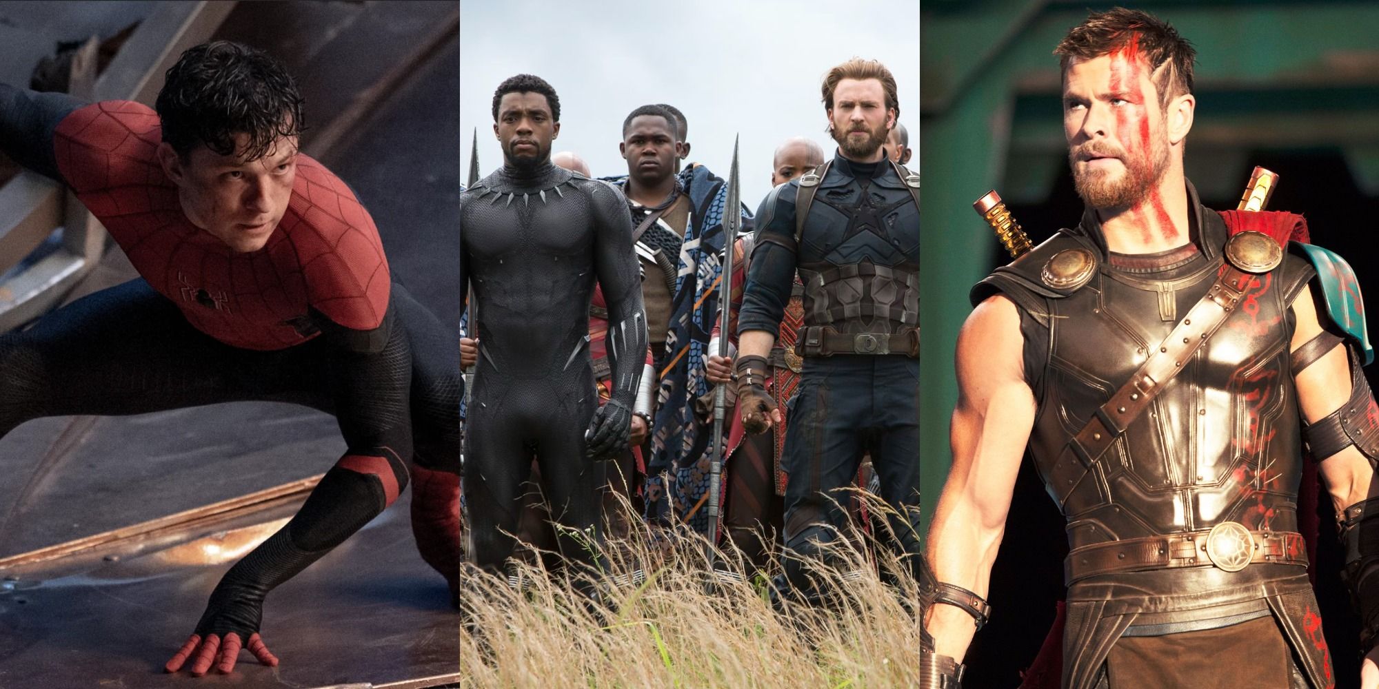 Split image of Spider-Man, Black Panther with Captain America, and Thor in the MCU