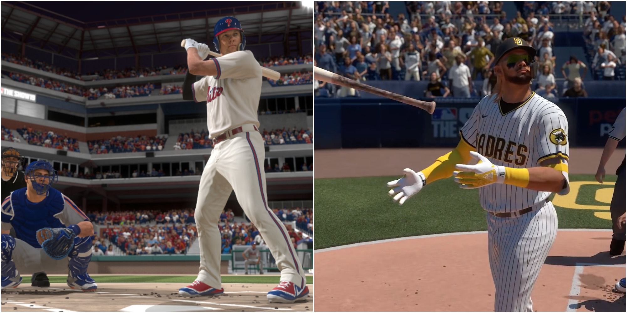 Rhys Hoskins bats/Fernando Tatis Jr. flips his bat in MLB The Show