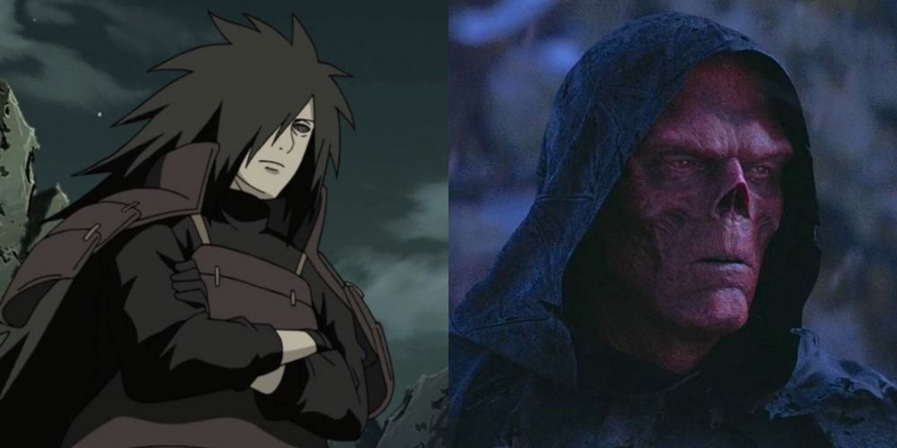 Madara Uchiha stands with his arms crossed at the cliffs in Naruto while the Red Skull guards the soul stone on Vormir in Avengers: Endgame