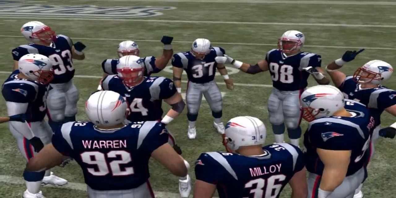 Patriots players stand around in a huddle in Madden 04.