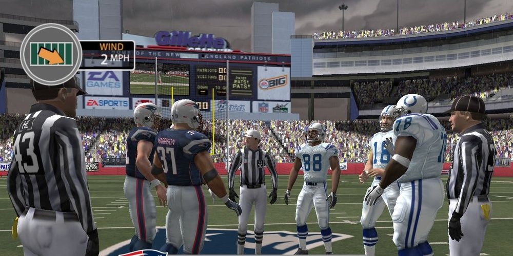 An image of two players and the referees doing a coin toss in Madden 05