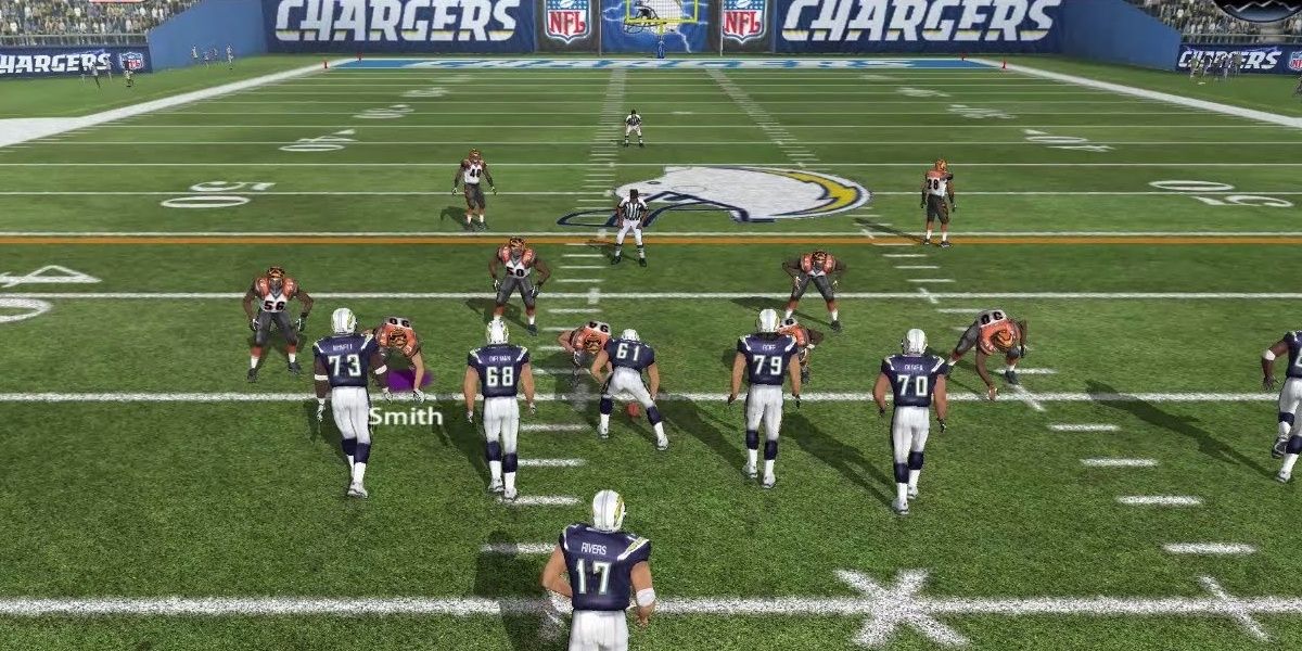 HIgh angle of the Chargers lining up for a play in Madden 08