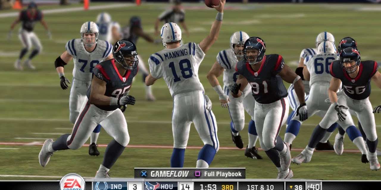 Peyton Manning throws a pass in Madden 11