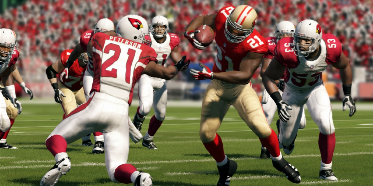 A 49ers player jukes a Cardinals player in Madden 13