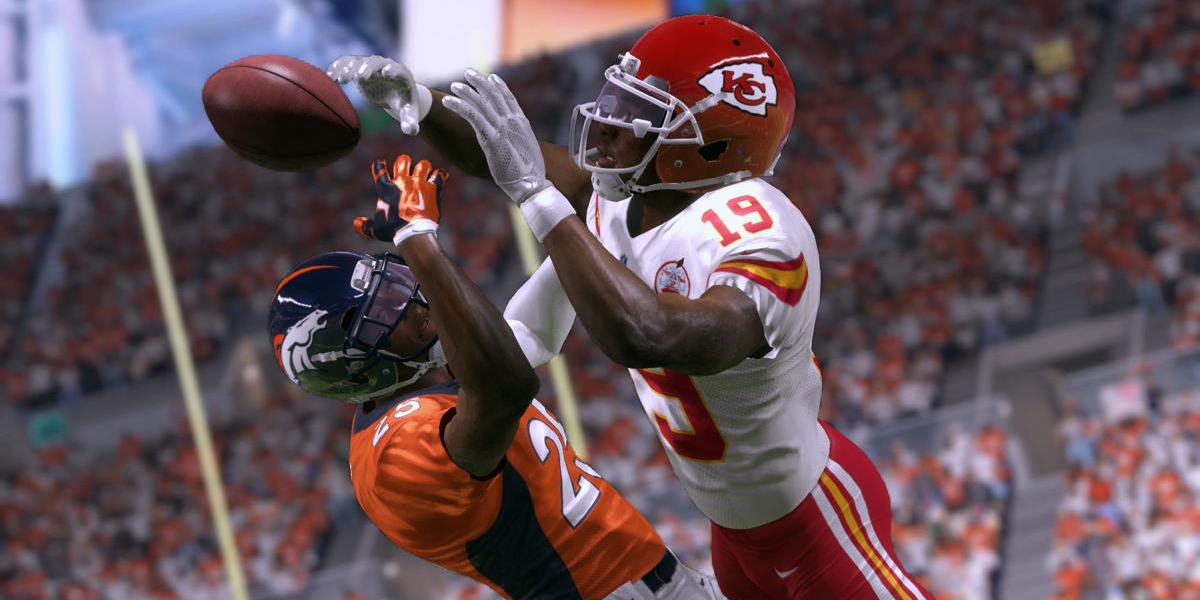 Two players try to catch the ball in Madden 17.