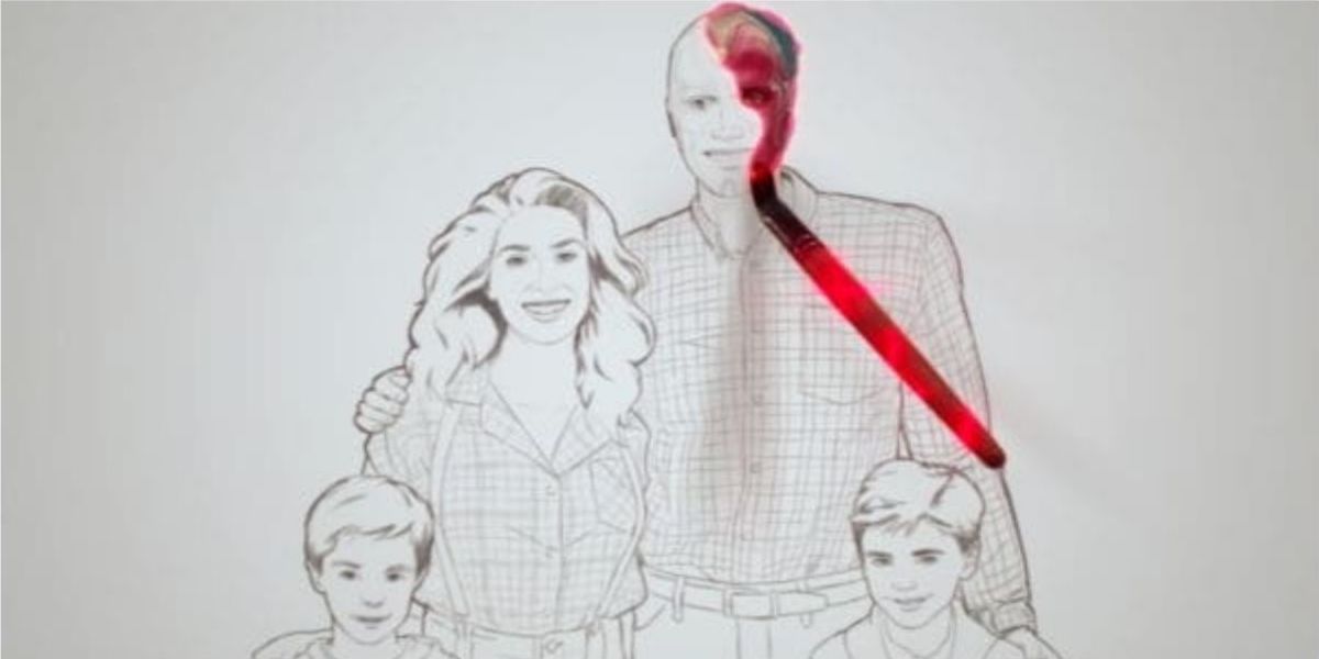 WandaVision 80's opening that contains an sketch of Wanda's family. It is devoid of colour except there is a tint of red in Vision's space 