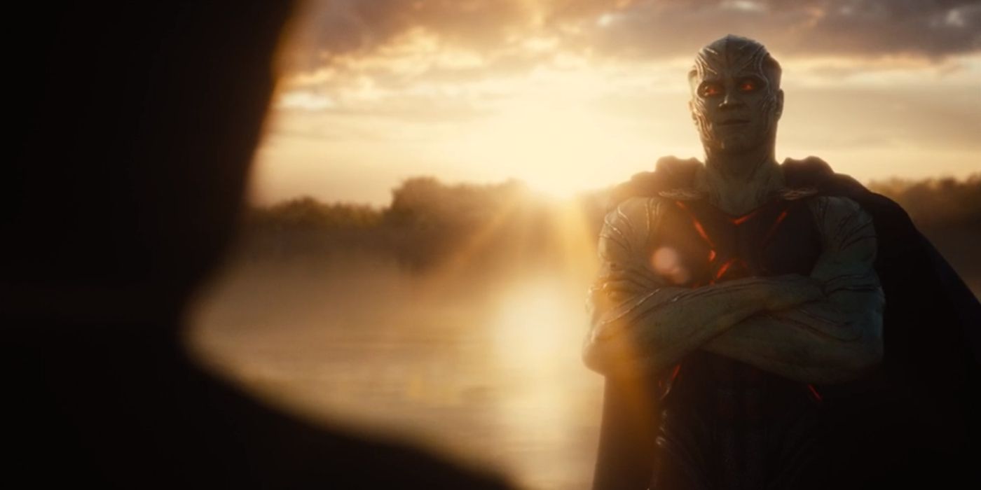 Martian Manhunter folds his arms as the sun shines behind him in Zack Snyder's Justice League.