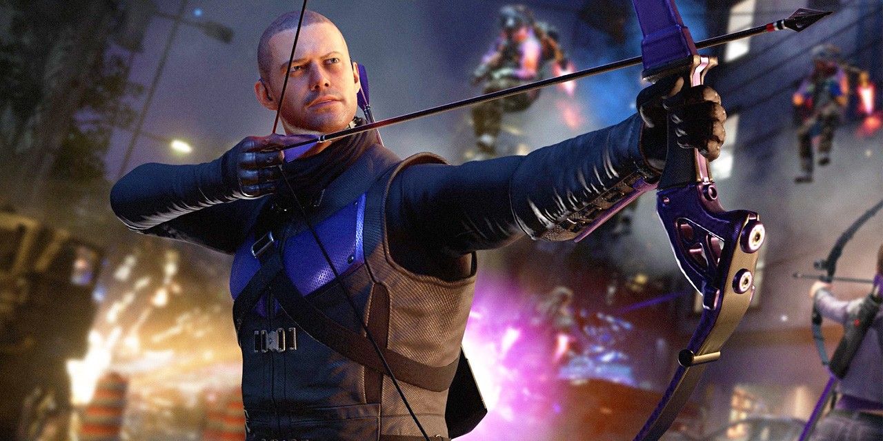 Hawkeye pointing his bow and arrow during a battle in Marvel's Avengers