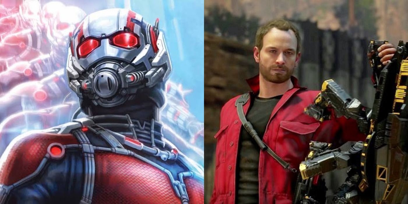 Ant-Man from the movie poster shrinking alongside Hank Pym in the Avengers game