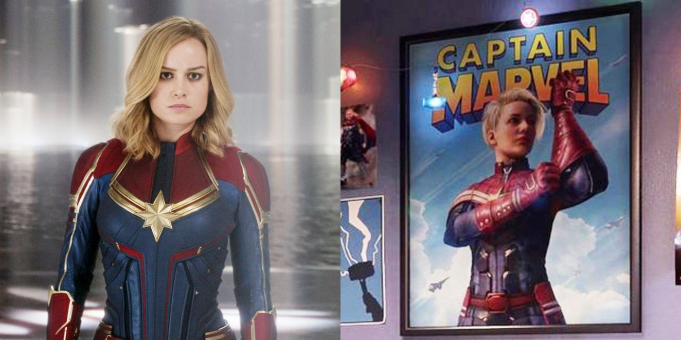 Brie Larson as Captain Marvel and a poster of her in the game